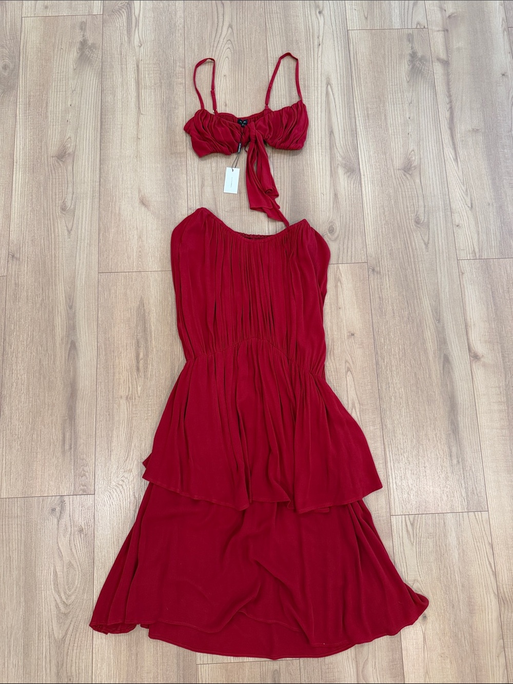 JLux label Red Strapless Tiered Maxi set  with Tie-Front Top